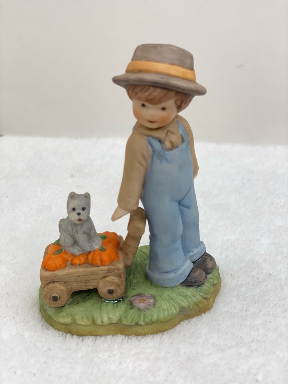 Napcoware Country Cousins Autumn Boy with Wagon of Pumpkins & His Dog Fall Decor